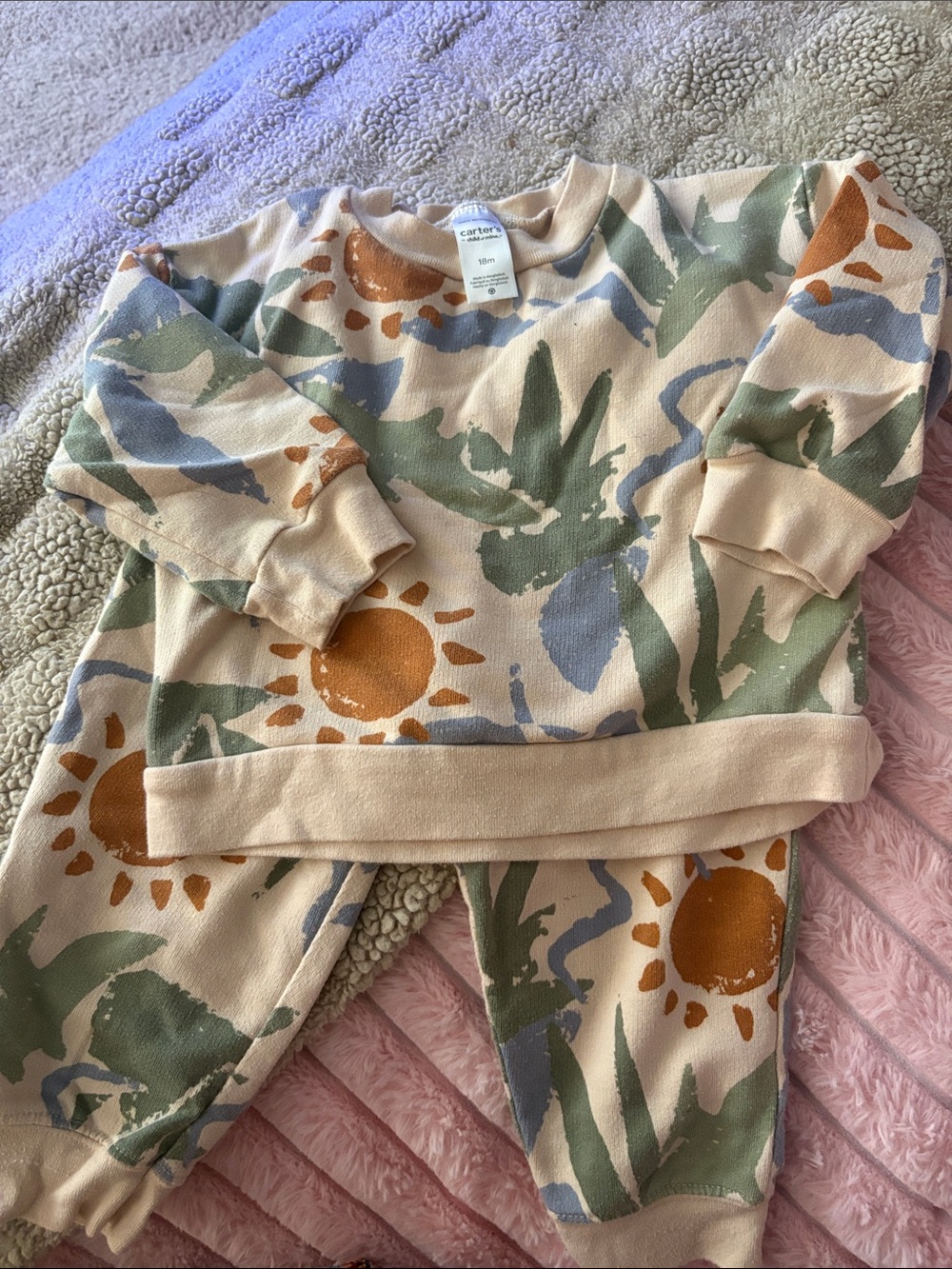 Carter's Beige Pajama Set with Mustard Sun & Green Leaf Print